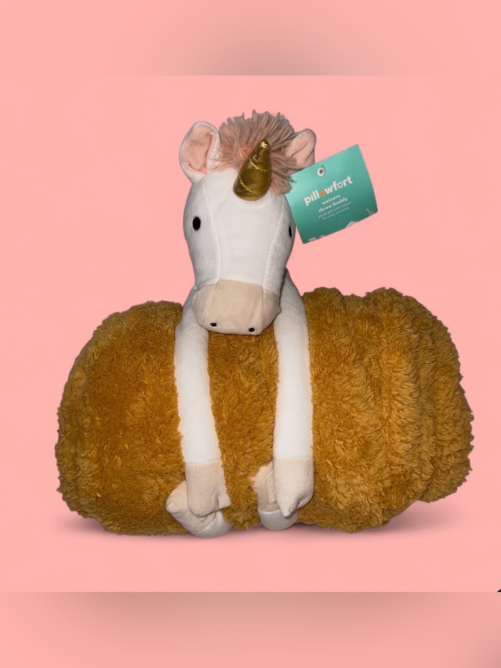 Pillowfort Cream Unicorn Plush with Gold Horn and Tan Fuzzy Blanket